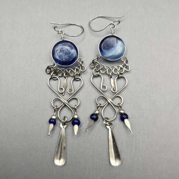 VTG Blue Glass Chandelier Dangle Earrings 3" Silver Tone Wirework Boho Drop - Picture 4 of 6